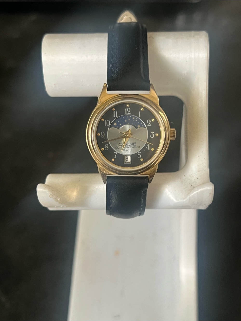 Vintage Cherokee Moon Phase Watch Gold Tone Black Leather Strap